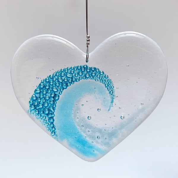 Fused Glass Coastal Heart Hanging - Handmade Glass Suncatcher
