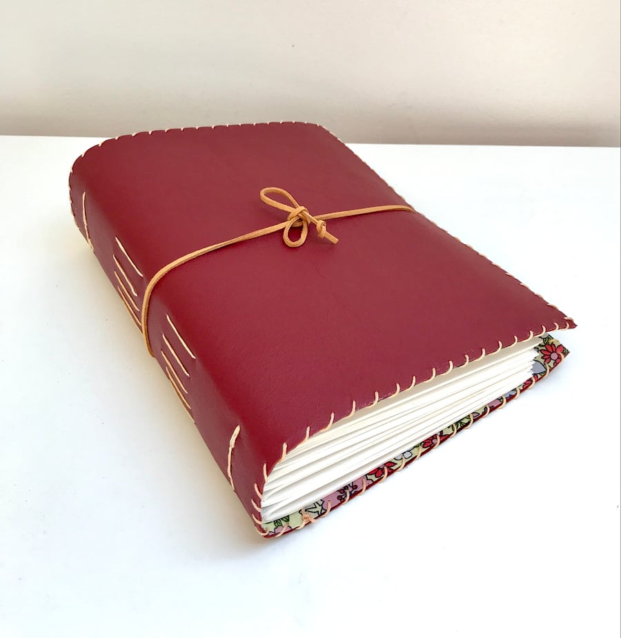 A5 Red Leather Handmade Art  Journal watercolour paper floral fabric lining 