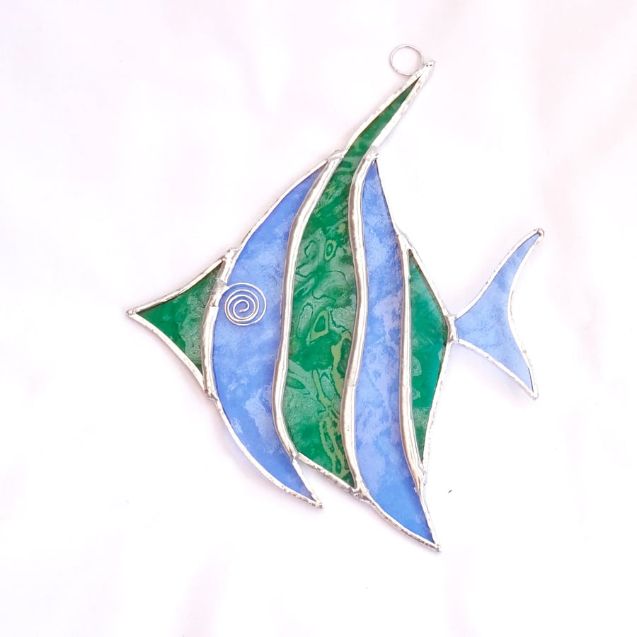 Stained Glass Angel Fish Suncatcher - Handmade Decoration - Blue and Green
