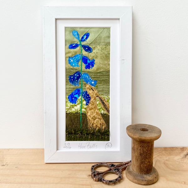 Hare and Bluebell flower embroidered framed collage. 