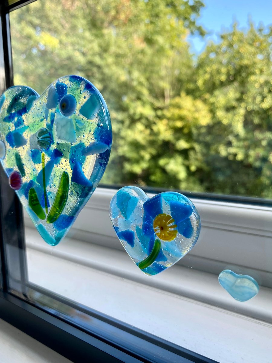 Framed fused glass blue hearts