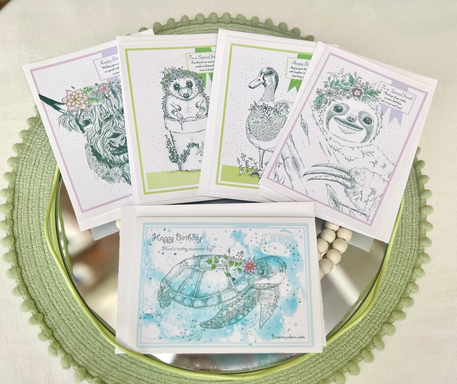 Birthday cards bundle - A6 X 5 Animal greeting cards & envelopes
