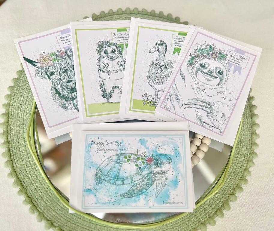 Birthday cards bundle - A6 X 5 Animal greeting cards & envelopes