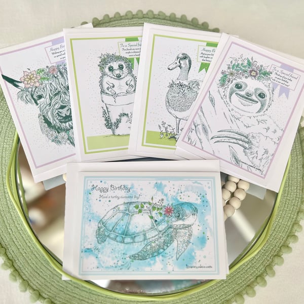 Birthday cards bundle - A6 X 5 Animal greeting cards & envelopes