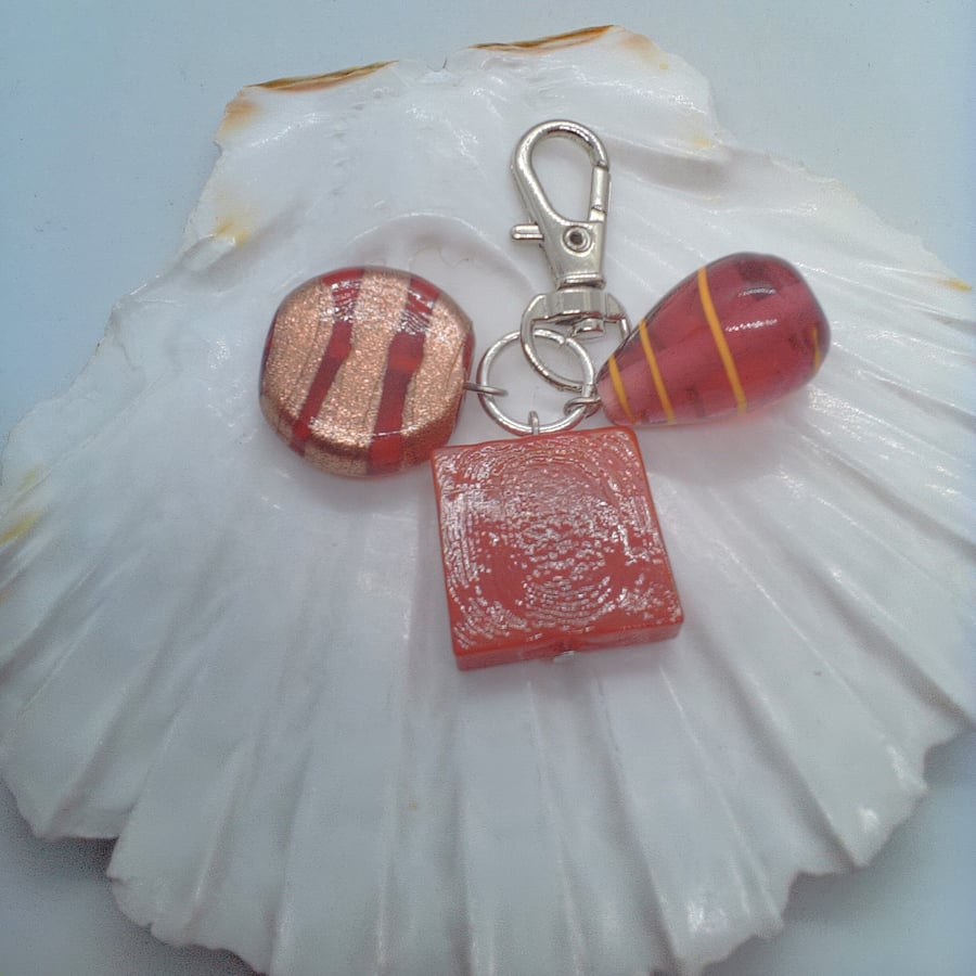 Red Square Bead Red & Gold Bead and Pink Tear Drop Bead Bag Charm, Gift for Her