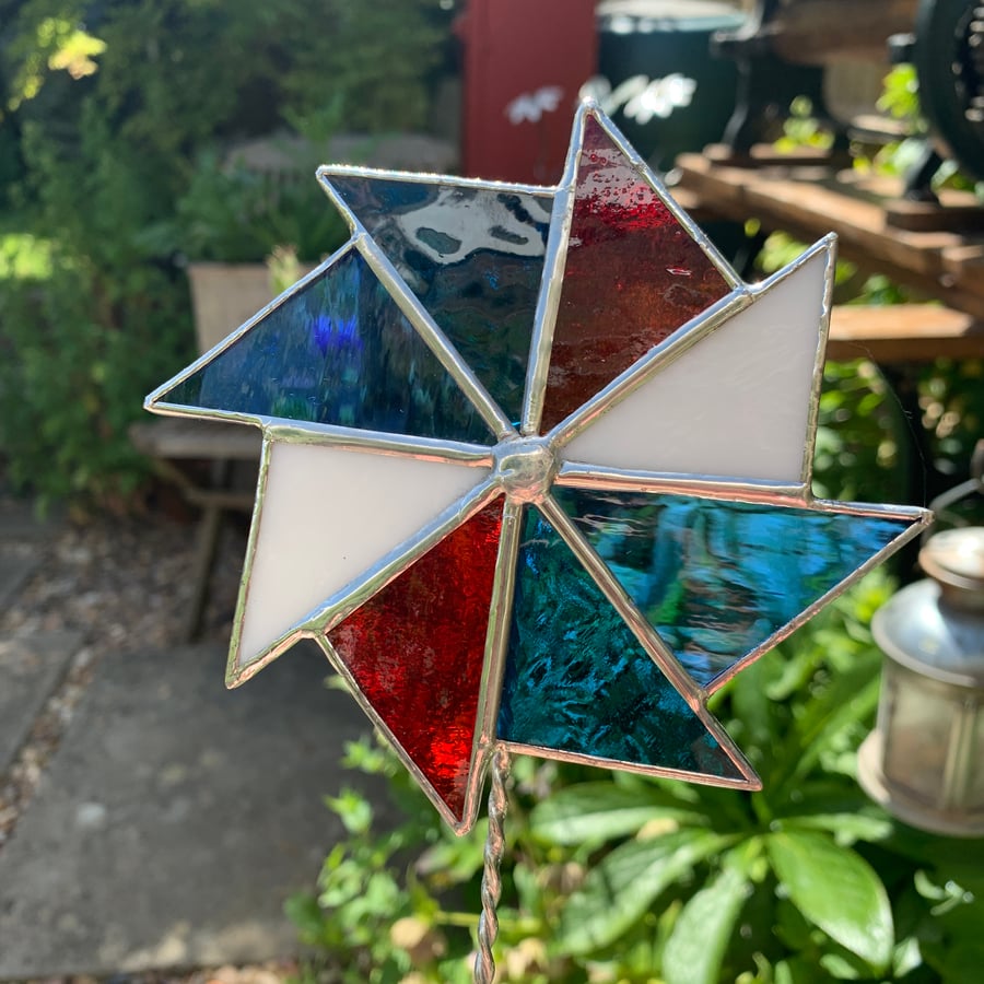 Stained  Glass Windmill Stake Large - Plant Pot Decoration - Red Blue White 