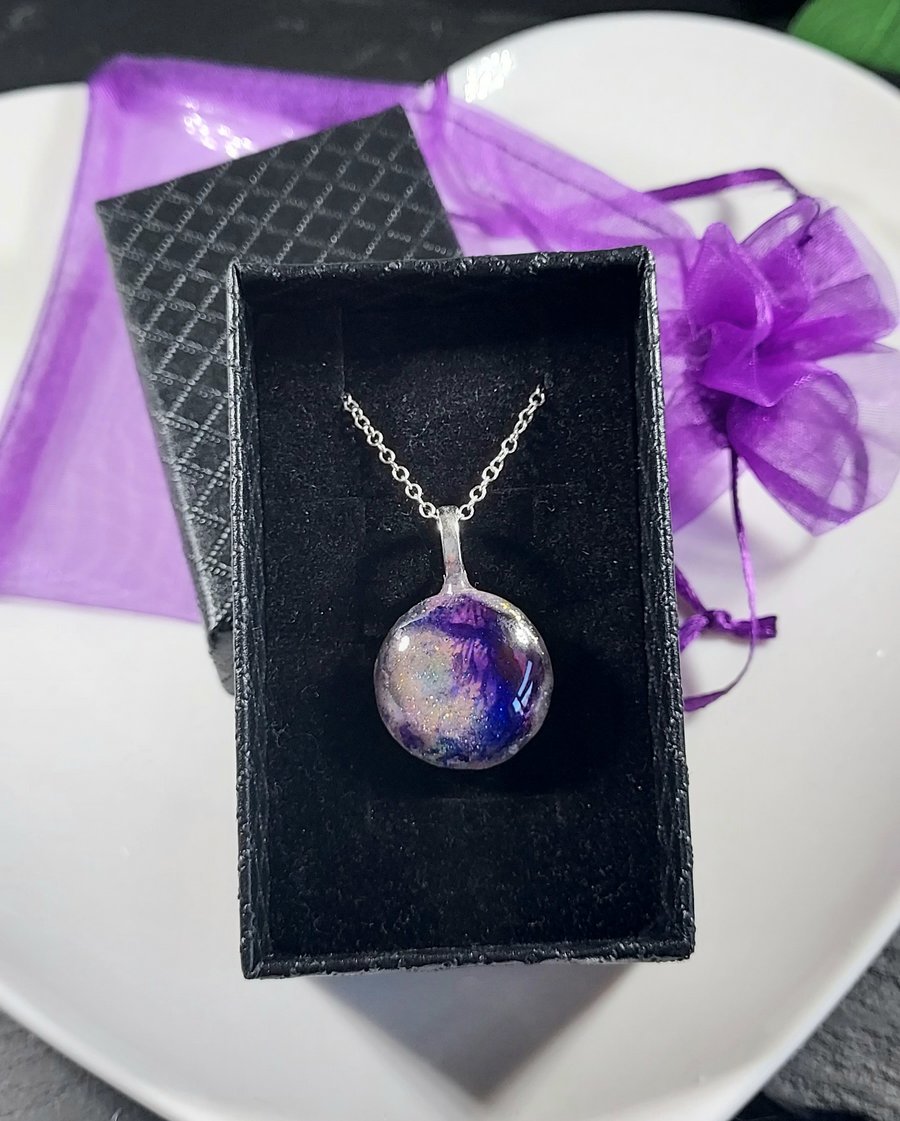 Round glass, ink and resin pendant necklace in purples 