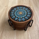 Coaster Set of 5 Blue Mandala Hand Painted Unique With Metal Coaster Holder