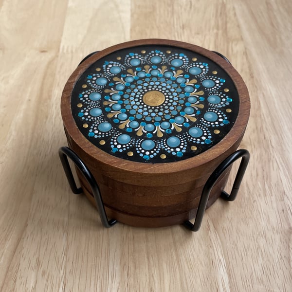 Coaster Set of 5 Blue Mandala Hand Painted Unique With Metal Coaster Holder