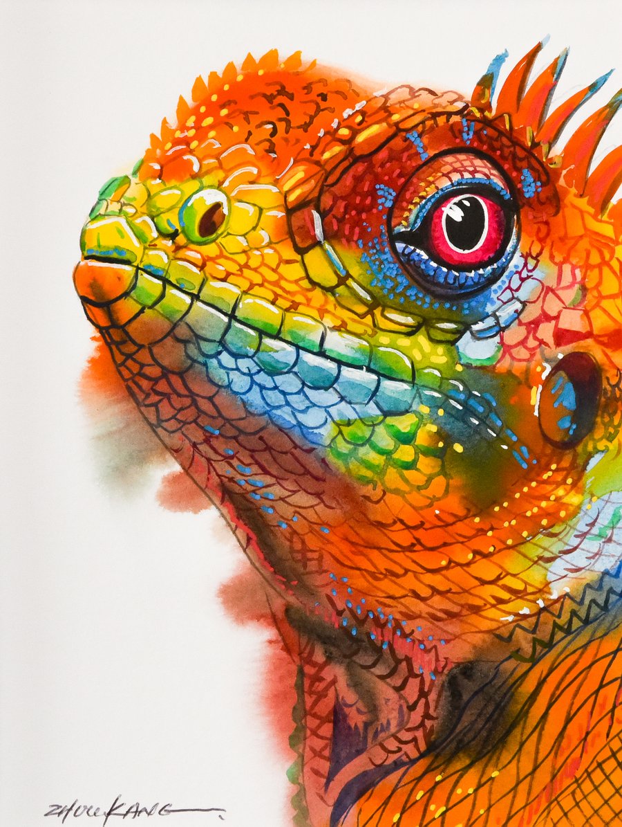 Chameleon Watercolour Painting – Original & One of a Kind – Fun & Delightful