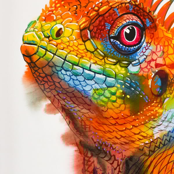 Chameleon Watercolour Painting – Original & One of a Kind – Fun & Delightful