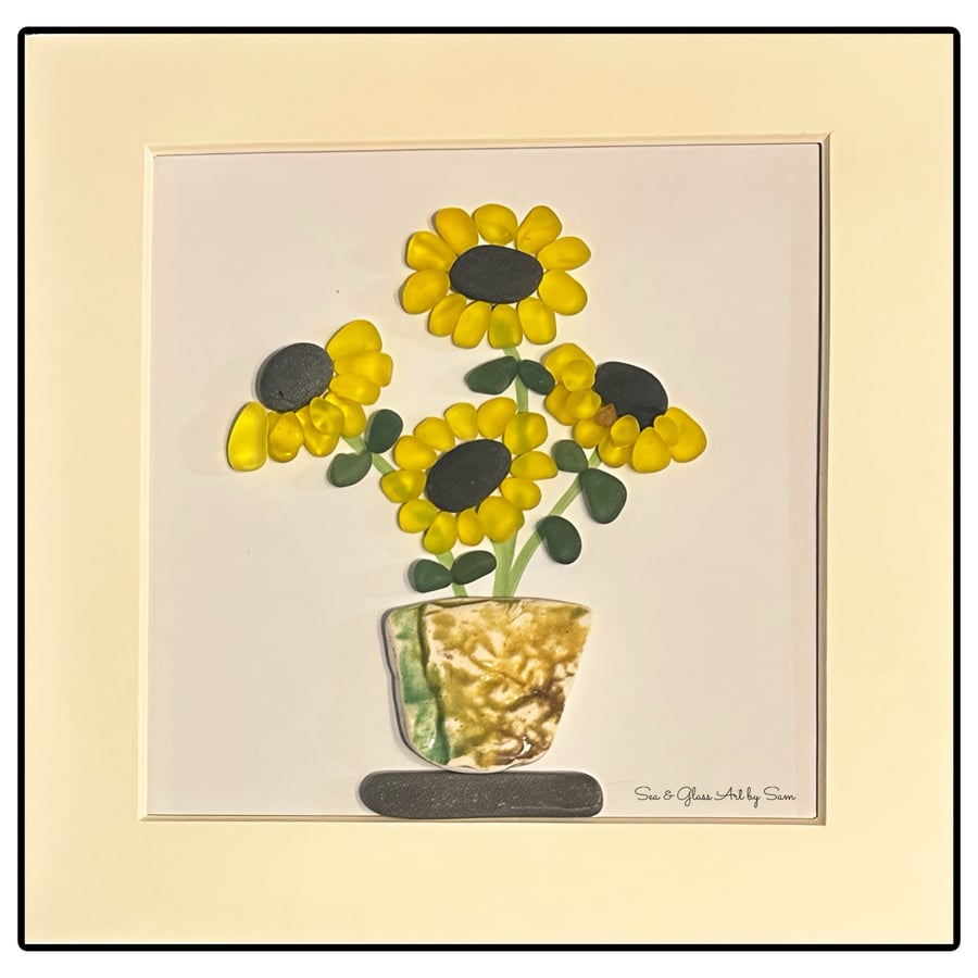 Handmade Yellow Sea Glass Sunflower Picture - Framed 8x8 Botanical Pebble Art