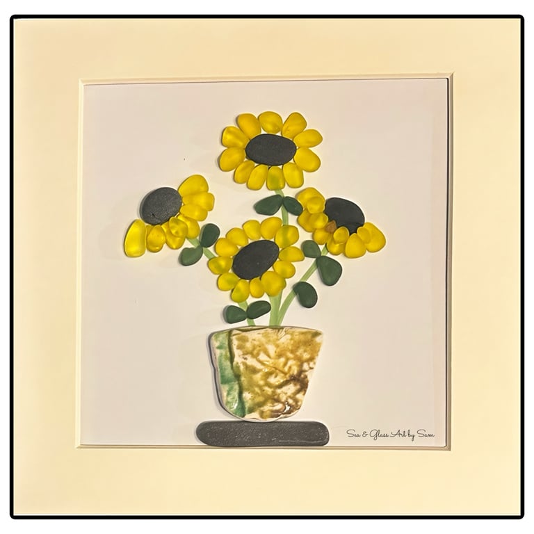 Handmade Yellow Sea Glass Sunflower Picture - Framed 8x8 Botanical Pebble Art