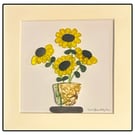 Handmade Yellow Sea Glass Sunflower Picture - Framed 8x8 Botanical Pebble Art