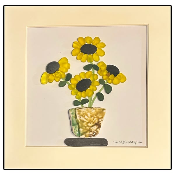 Handmade Yellow Sea Glass Sunflower Picture - Framed 8x8 Botanical Pebble Art