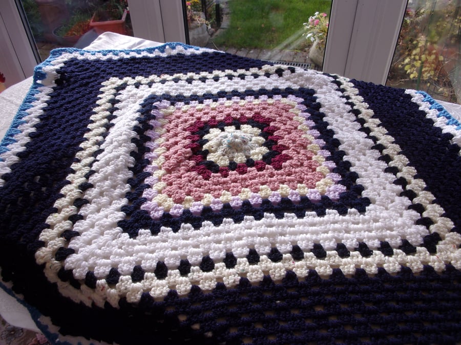 Vintage Style Granny Square Crocheted Lap Blanket