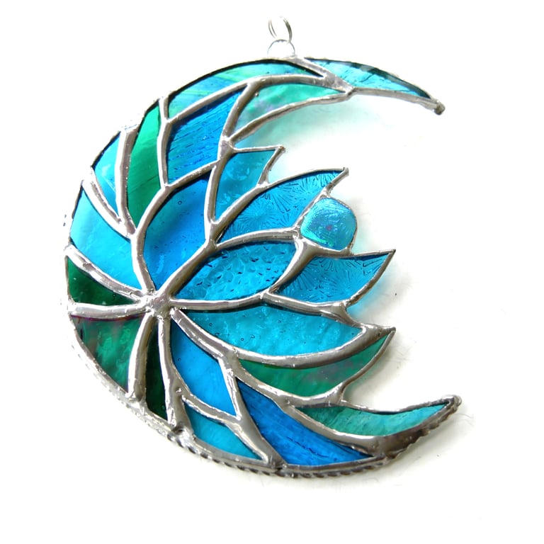 Lotus Moon Stained Glass Turquoise Flower Suncatcher 