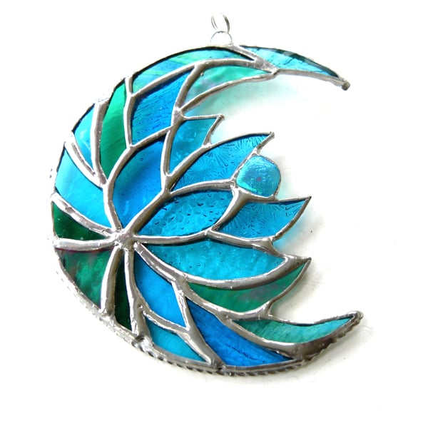 Lotus Moon Stained Glass Turquoise Flower Suncatcher 