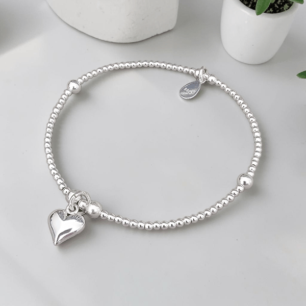 Sterling Silver Puff Heart Charm Stretch Bracelet 925