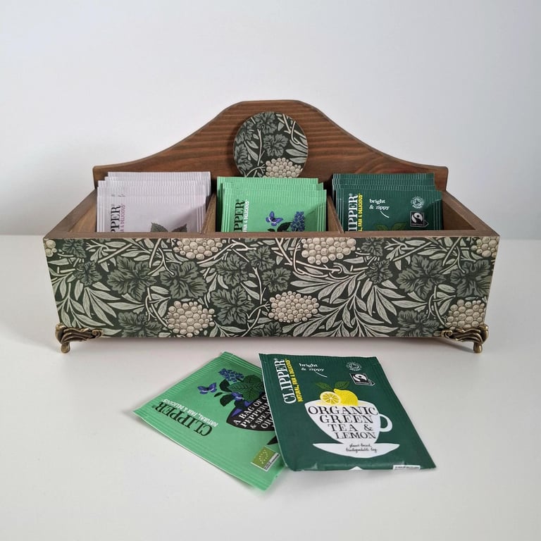 Wooden Tea Box with Compartments, Decoupaged & Hand Painted Tea Storage