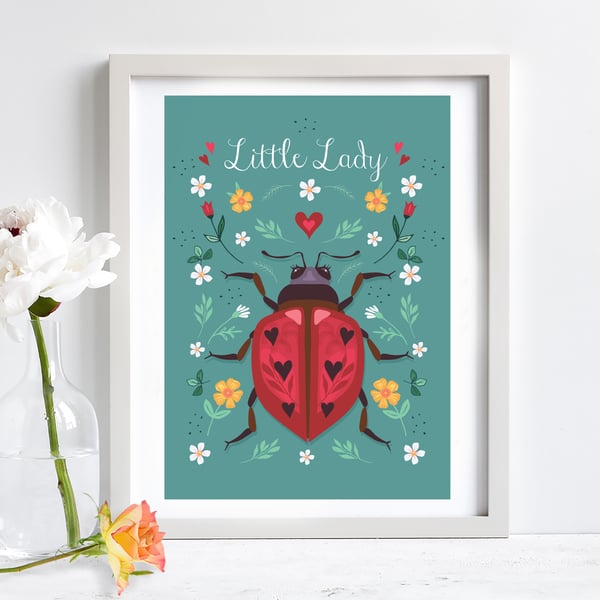 Little Lady, Ladybird Illustration Print A4 Unframed, Nursery Wall Art, Kids Art