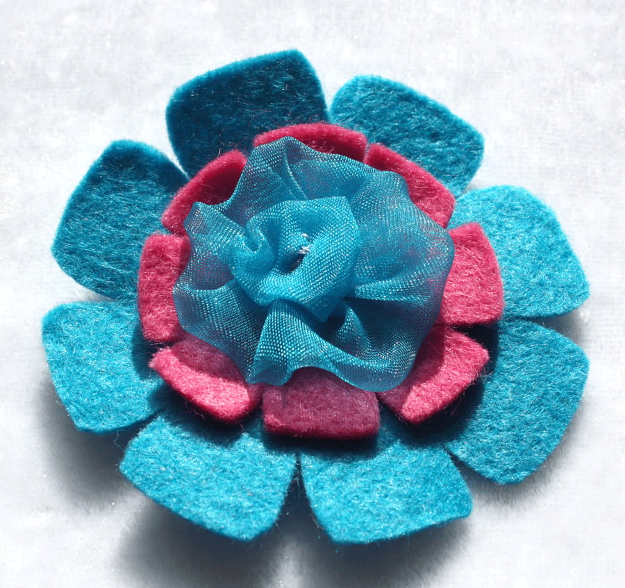 Blue & Pink Flower Felt Brooch