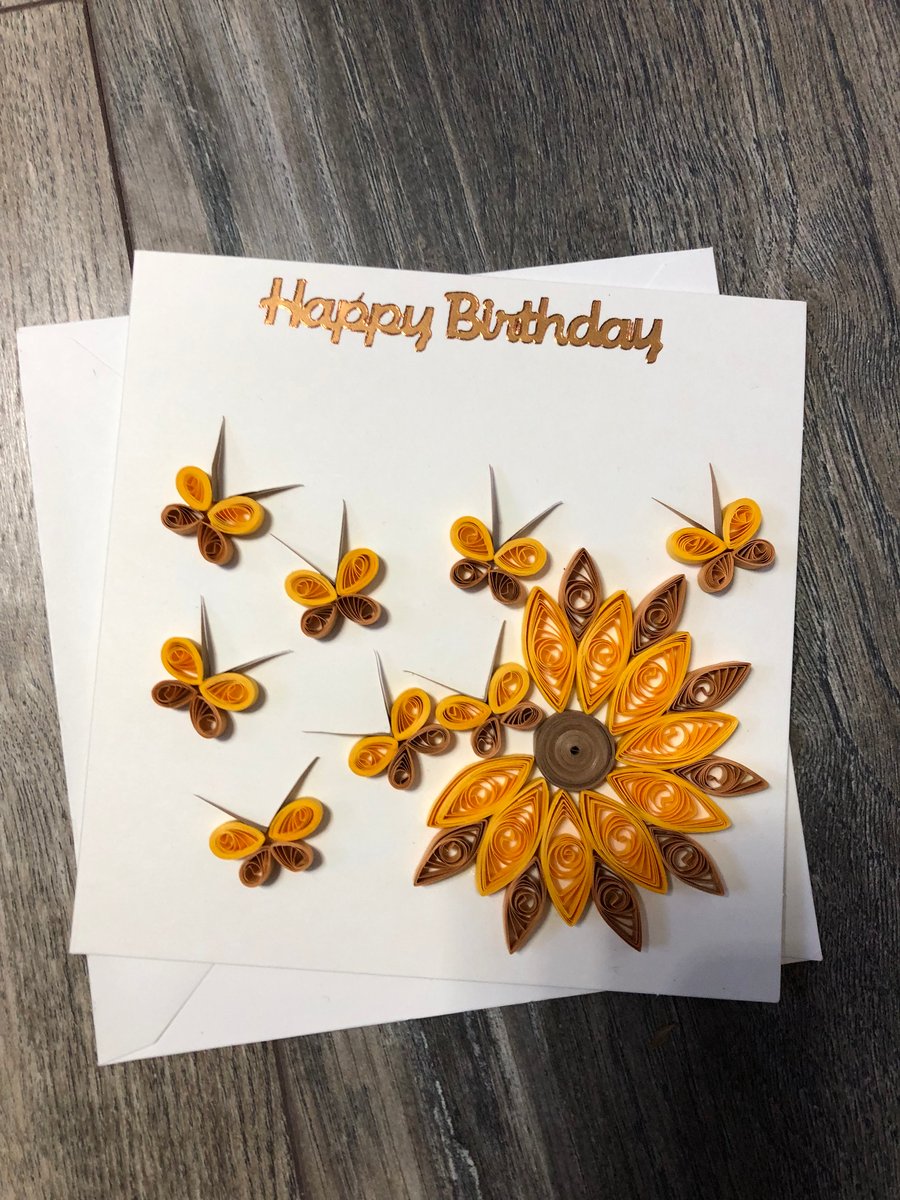 Handmade quilled sunflower blowing happy birthday card
