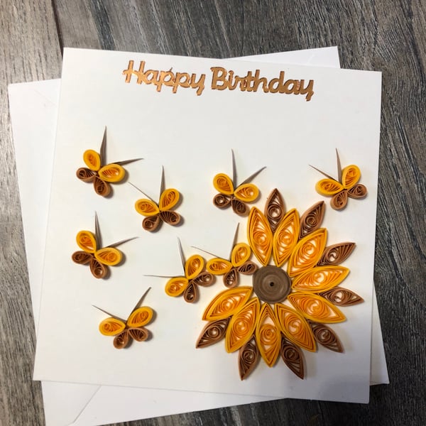 Handmade quilled sunflower blowing happy birthday card