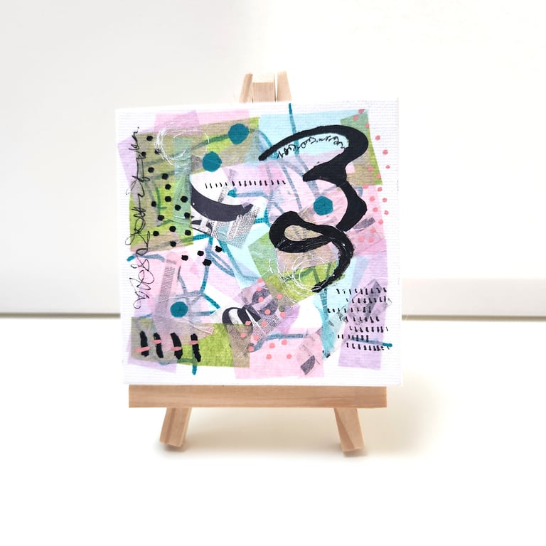 Small Abstract Art Painting Collage, Original work on canvas Pinks, greens and B