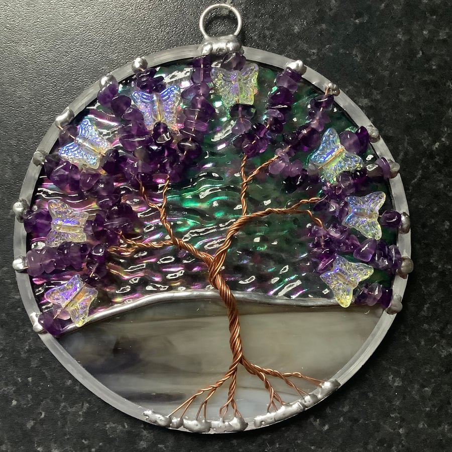 Amethyst with butterflies tree of life suncatcher