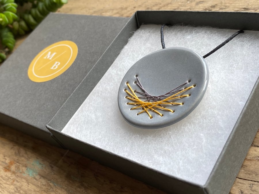 Pendant Necklace Handmade Statement Ceramic Round Stitched Pendant