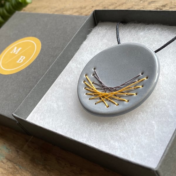 Pendant Necklace Handmade Statement Ceramic Round Stitched Pendant