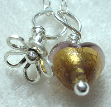 Pendant Golden & Amethyst Venetian Glass Heart & Sterling Silver Flower Necklace