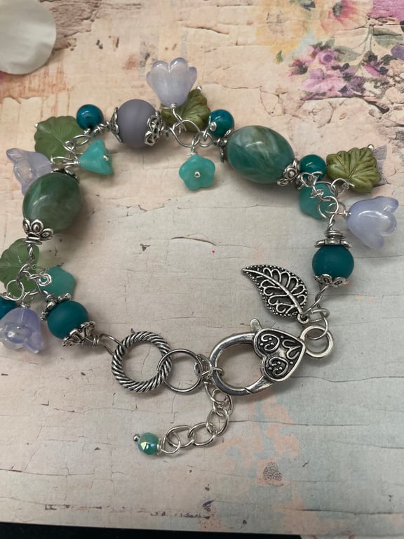 Beaded charm bracelet, Pretty handmade lilac and green floral adjustable gift 