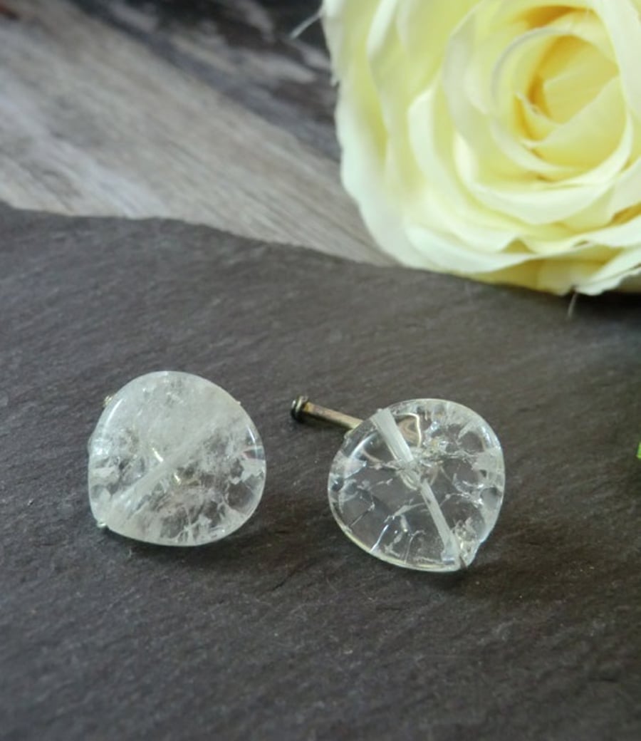 Clear White Crackled Quartz Cufflinks, Clear Cufflinks, White Cufflinks