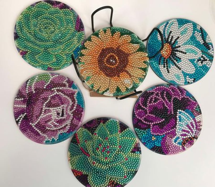 Diamond Art  Cup Coaster with Cup Holder -6 Flowers Design