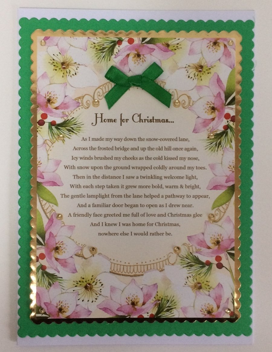 Handmade Christmas Card Home for Christmas Poem Hellebore Flowers