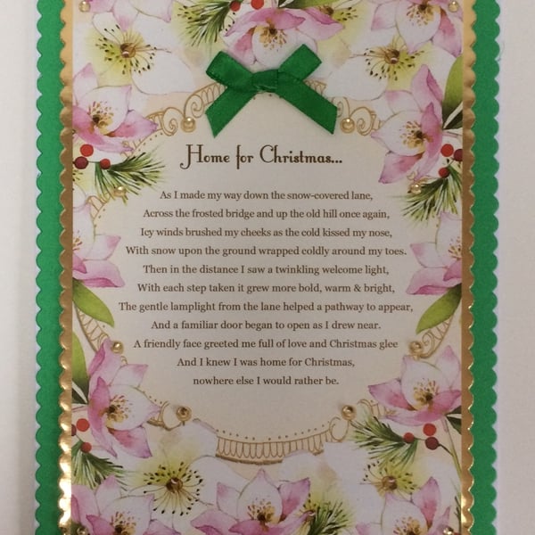 Handmade Christmas Card Home for Christmas Poem Hellebore Flowers