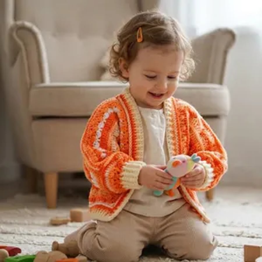 Crochet Hexagon Cardigan 2-3 Years  Retro 70s Kids Orange Peach Jumper