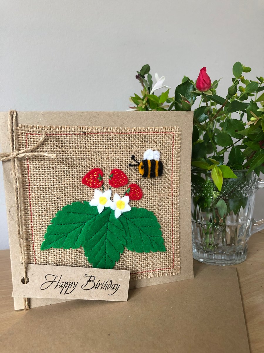Bee with ripe strawberries, felt, handmade. Birthday Card.