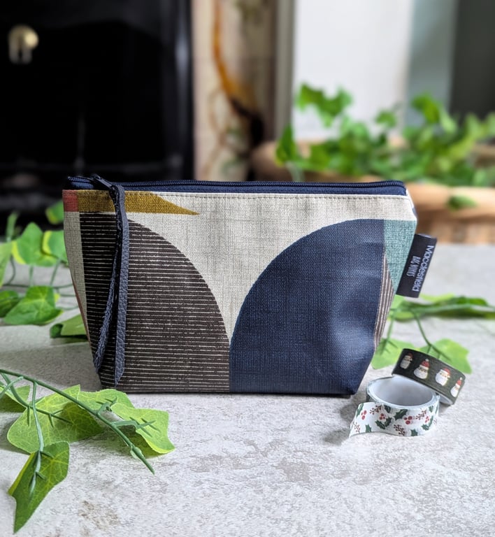 Oilcloth Make-up Bag. Geometric Print Cosmetics or Toiletries Pouch - Navy