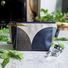 Oilcloth Make-up Bag. Geometric Print Cosmetics or Toiletries Pouch - Navy