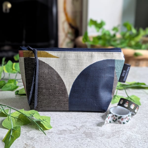 Oilcloth Make-up Bag. Geometric Print Cosmetics or Toiletries Pouch - Navy