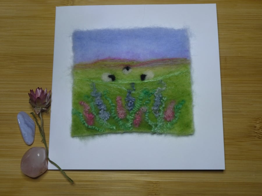 Handmade needle felted Spring Meadow greetings card