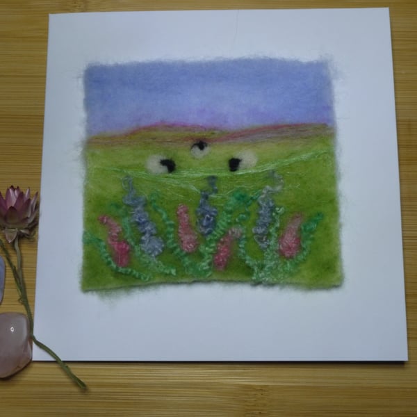 Handmade needle felted Spring Meadow greetings card