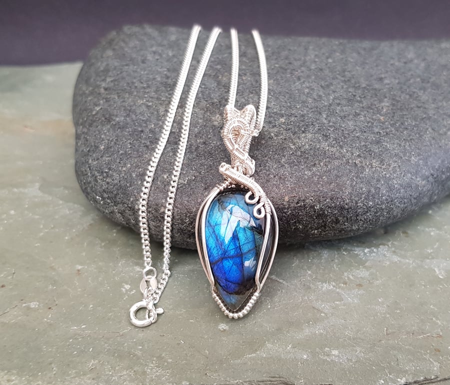 Wire Wrapped and Woven Blue Labradorite Necklace