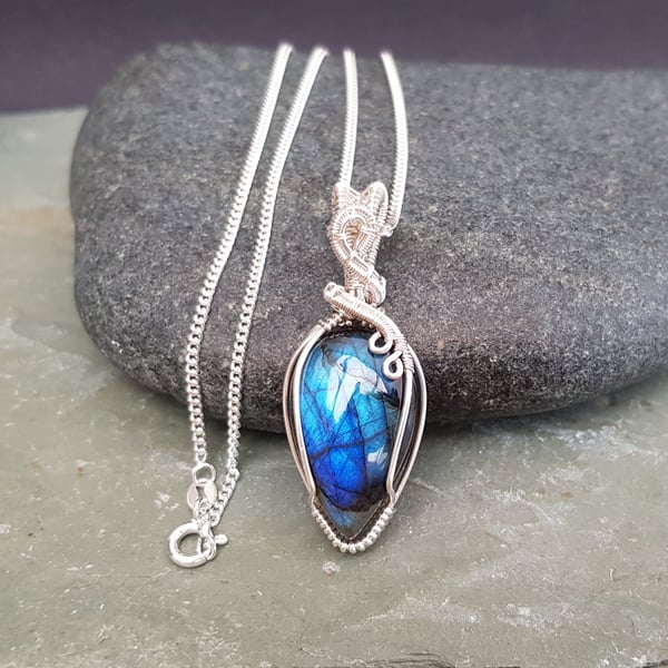 Wire Wrapped and Woven Blue Labradorite Necklace