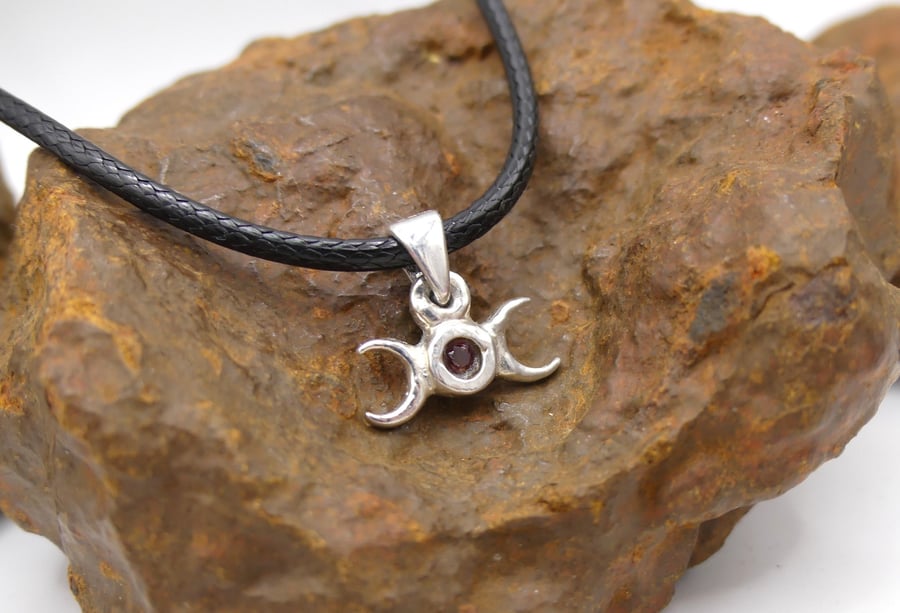 Summer Seconds Sterling Silver Triple Moon Pendant Necklace, Garnet, Handmade UK