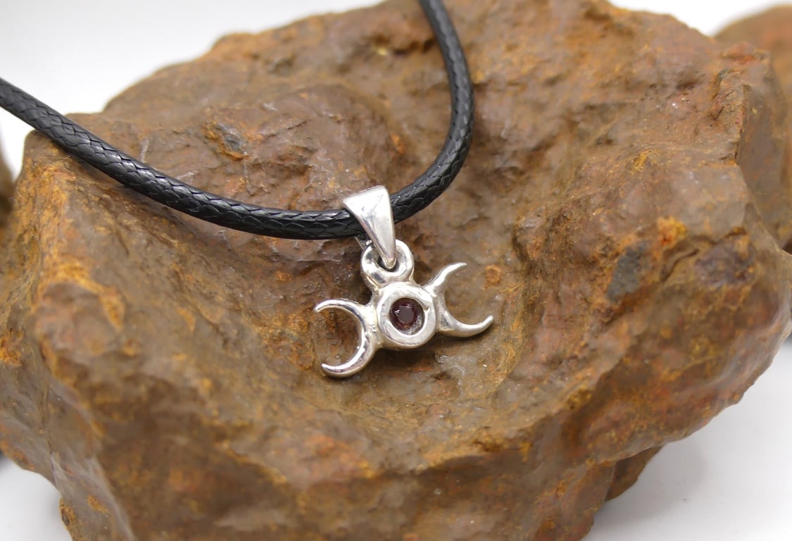Recycled Sterling Silver Triple Moon Pendant Necklace, with Garnet. Handmade UK