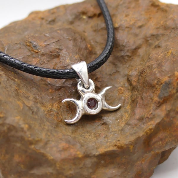 Recycled Sterling Silver Triple Moon Pendant Necklace, with Garnet. Handmade UK